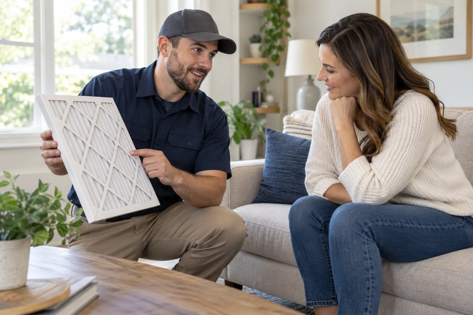 A provider checking an air filter during an AC visit in San Jacinto